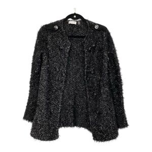 Point Zero P/S Cozy Black Knit Textured Bouclé Eyelash Open front Sweater Jacket